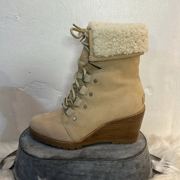 #0169- Sorel After Hours Lace Up Shearling Wedge Boots-Lined Cuff-7.5 - Picture 2 of 11